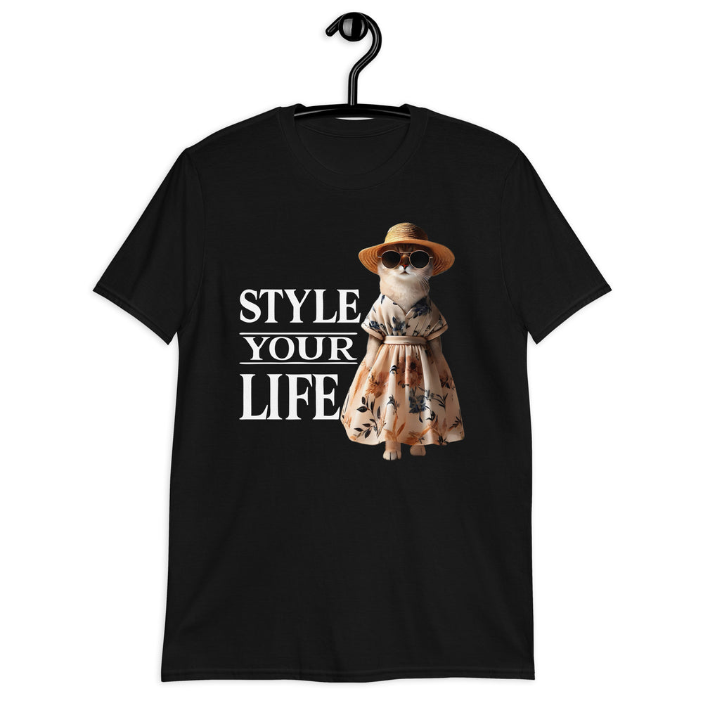 Style Your Life - Schwarzes Unisex T-Shirt - Katze Blumenkleid